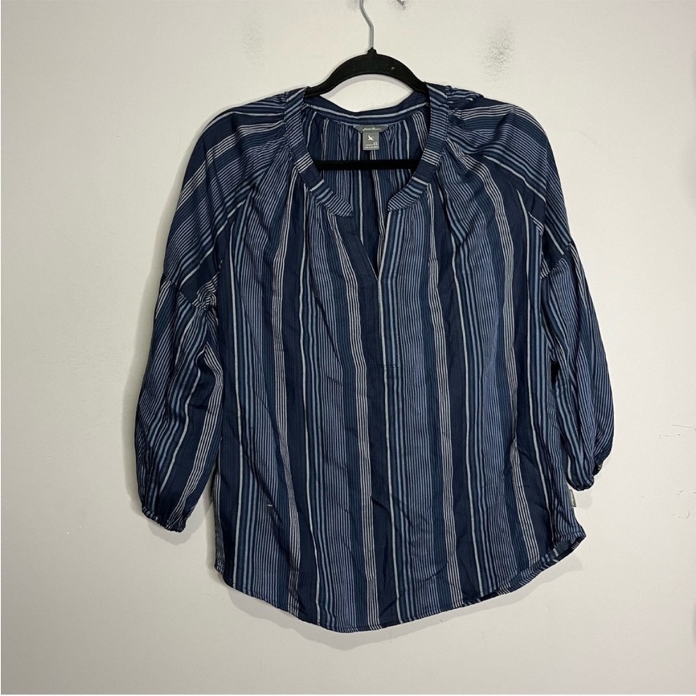 Eddie Bauer Navy Striped Popover Peasant 3/4 Sleeve Blouse, size XS - Picture 2 of 9